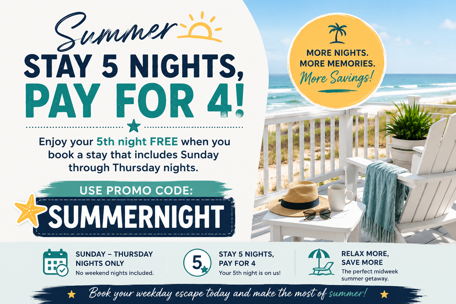 Image for Stay 5 Nights, Pay for 4 with Promo Code SUMMERNIGHT